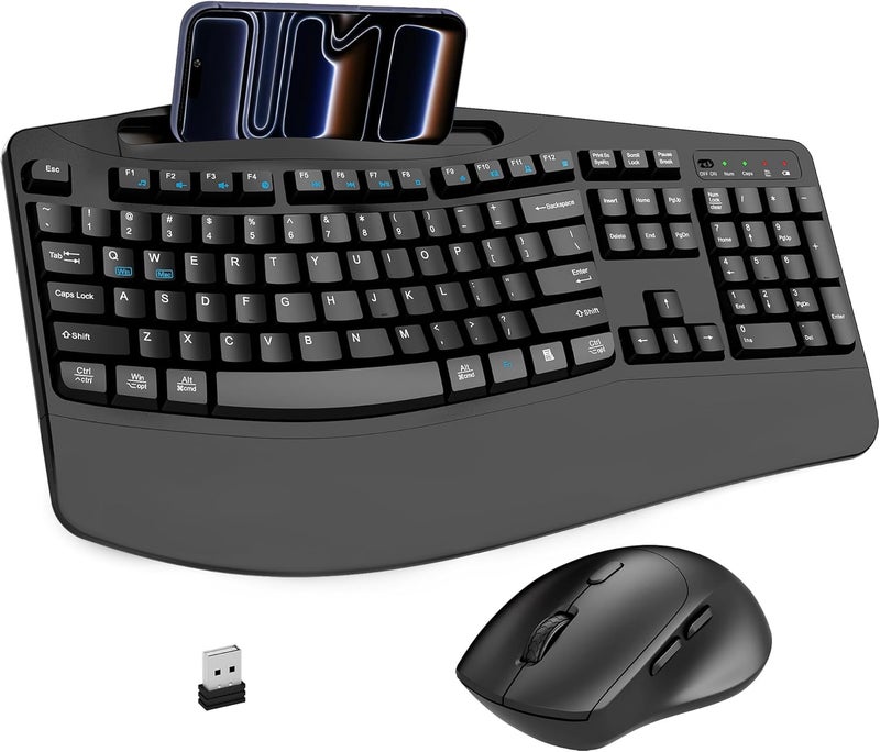 Faadar Wireless Keyboard and Mouse Combo, 2.4G Full Size Wave Keys Ergonomic Keyboard with Wrist Rest, Phone Holder, 3-Level DPI Wireless Silent Mouse with 6-Buttons, for Windows, Mac OS, Laptop, PC (Black) - Image 1